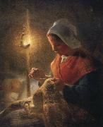 Jean Francois Millet Woman sewing by lamplight oil